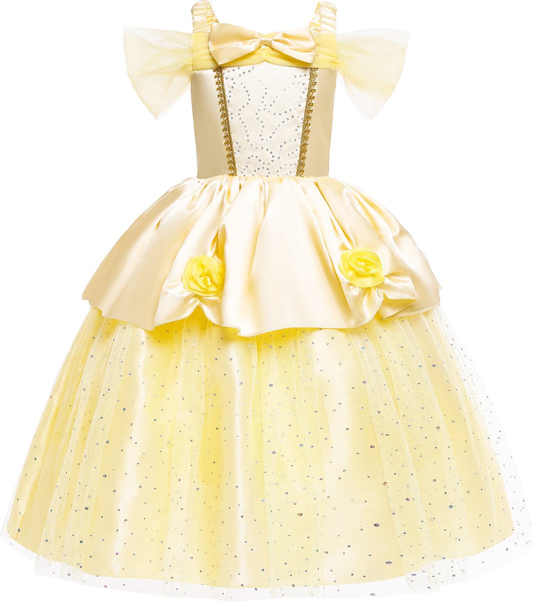 Joya Kids® Gele Verkleedjurk | Prinsessen Jurk | Prinses & het Beest verkleedkleding | (130) + kroon, Staf, Handschoenen, Ketting, Ring & Oorbellen | Sinterklaas kado cadeau meisje — afbeelding 9