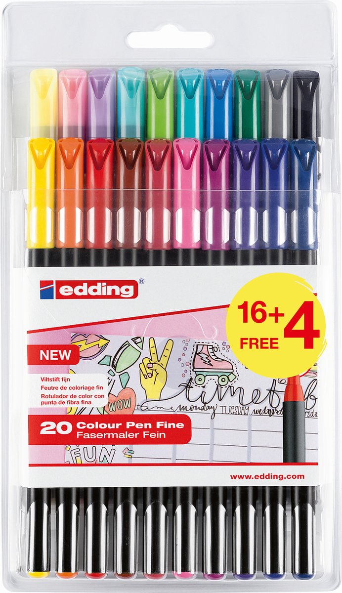 edding e-1200-20S viltstiften, set met 20 stuks, model 1200, kleuren: 1-12, 14, 17, 19, 20, 58, 83, 87, 88