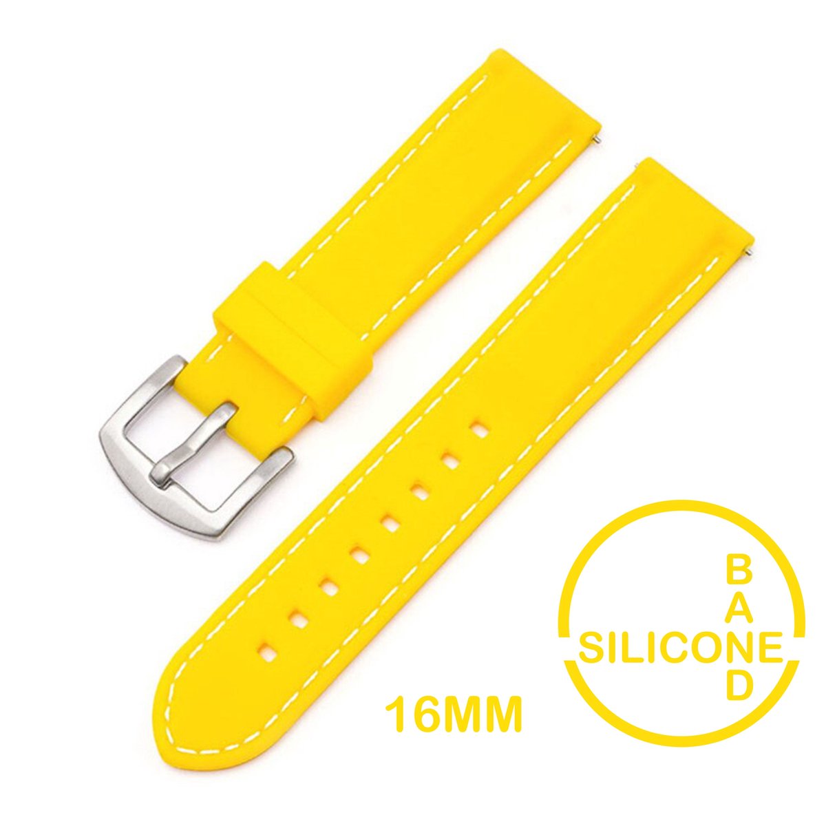 16mm Rubber Siliconen horlogeband Geel met Witte stiksels passend op o.a Casio Seiko Citizen en alle andere merken - 16 mm Bandje - Horlogebandje horlogeband
