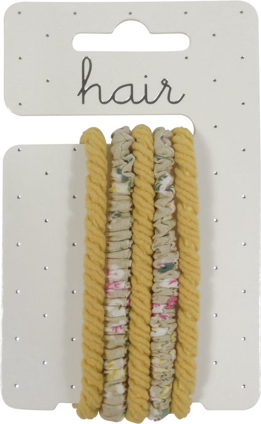 Elastiek/Scrunchie Set Gedraaid en Bloem Décor - Geel/Beige - 5 stuks