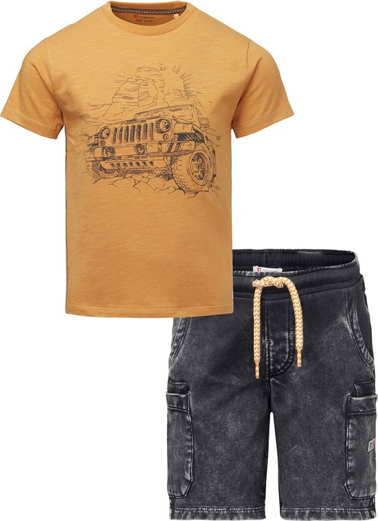 Noppies - Bio kledingset - 2delig - broek Glan - Ebony - shirt Gilbert met print - Amber Gold - Maat 128