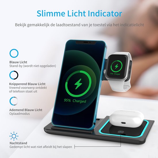 3-in-1 Wireless Charger -  Draadloze Oplader voor iOS, Android en Apple Watch - Avalue