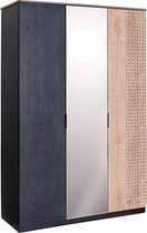 New York 3-deurs kledingkast tienerkamer - Houtlook zwarte kast met hanggedeelte, schappen en spiegel