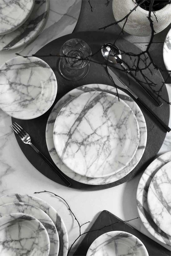 Service de table en porcelaine 6 personnes motif marbre blanc marble