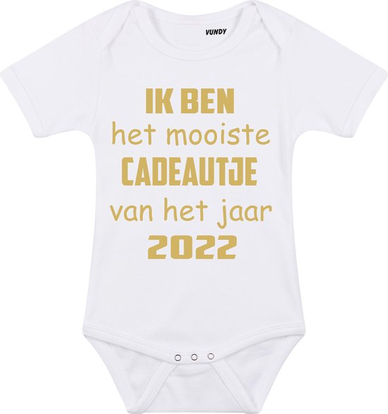 Baby rompertje met leuke tekst | Ik ben het mooiste cadeautje van het jaar 2022 |zwangerschap aankondiging | cadeau papa mama opa oma oom tante | kraamcadeau | maat 80 wit goud