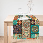 De Groen Home Bedrukt Velvet textiel Tafelloper - Blauwe&Oranje Mandala - Fluweel - 45x135 - Tafel decoratie woonkamer