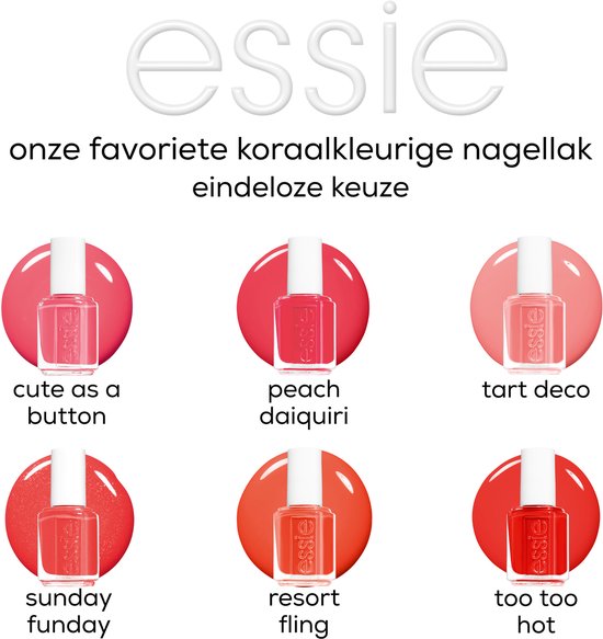 Zes Essie nagellakflesjes in koraalkleuren: 'cute as a button', 'peach daiquiri', 'tart deco', 'sunday funday', 'resort fling', 'too too hot'.