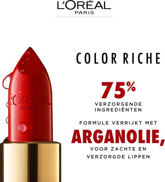 Rode L'Oréal Color Riche lipstick met waterdruppels en gouden dop. Bevat 75% verzorgende ingrediënten met arganolie.