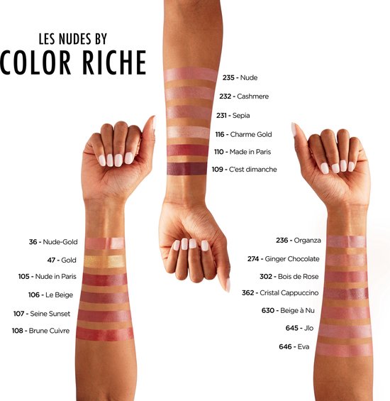 Armen met swatches van 'Les Nudes by Color Riche' lippenstiftkleuren.