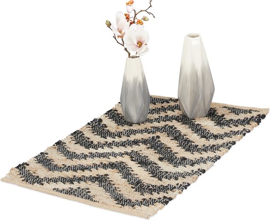 Relaxdays vloerkleed - jute & katoen - tapijt - binnenkleed - 50 x 80 cm - beige/zwart