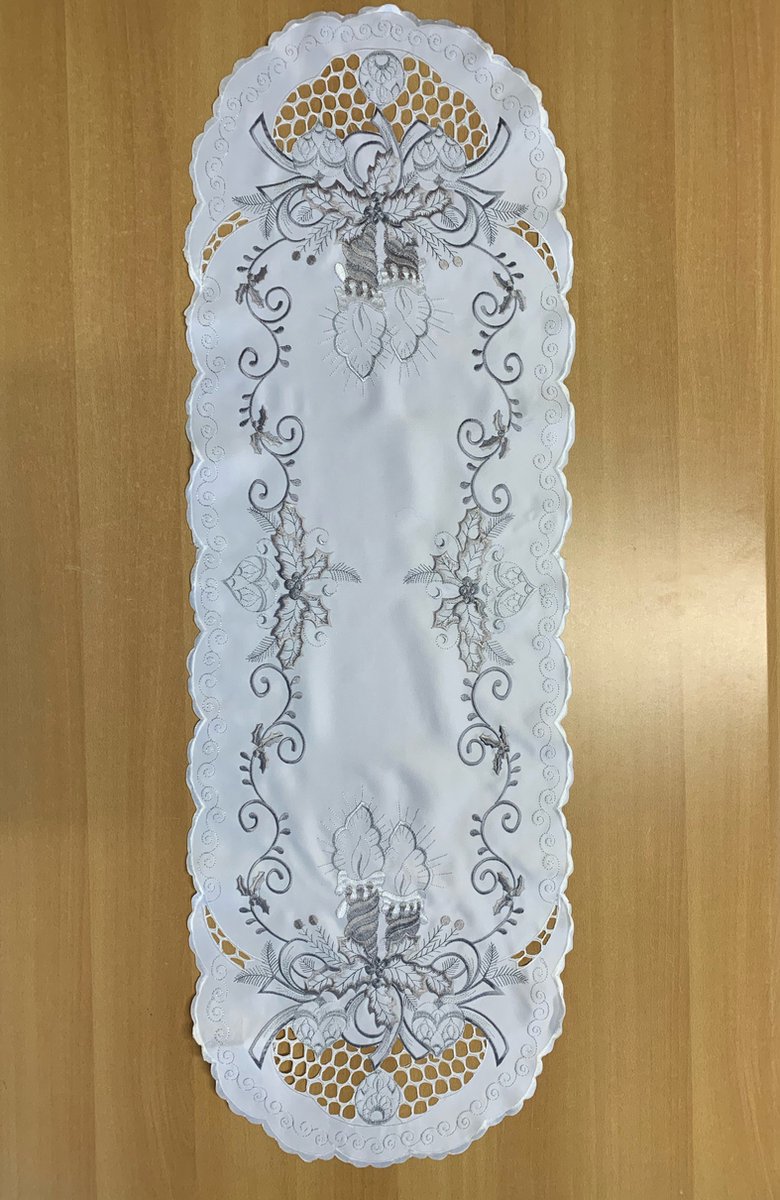 Kerst - Tafelloper - Wit met zilverkleurig geborduurde kaarsen - Loper 110 cm