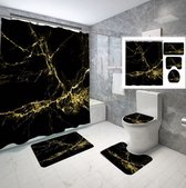 Luxe badkamer set- Set van 4 - Douchegordijn 180x180 - Badmatten set - Wc mat - Toiletbril hoes - Toiletmat - Badkamer mat 50x 80 - Zwart met goud - Antislip - Zacht - Kwaliteitsmat - Luxe design