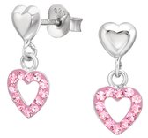 Joy|S - Zilveren hartjes oorbellen - hartje bedel roze kristal - gehodineerd