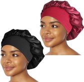 Beyeza Bonnet Satijnen Slaapmuts voor Volwassenen – Haarnetje – Haarverzorging - Satijn – Elastisch – Zwart en Rood – 2 Stuks