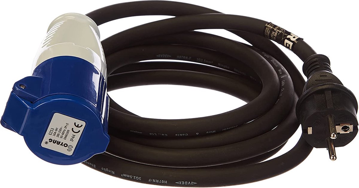 Verloopkabel CEE-SCHUKO voor Camping / Jachthaven - 1.5 Meter - 3 x 2,5 mm² - H07RNG - IP44 - Topkwaliteit verlengkabel voor Caravan Vouwwagen Boot - Zwart