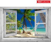 D&C Collection - 130x95 cm - tuinposter - doorkijk - wit venster Caraïbisch strand met hangmat - bounty - schuttingposter - tuindoek
