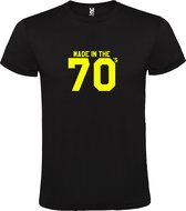 Zwart T shirt met print van " Made in the 70's / gemaakt in de jaren 70 " print Neon Geel size L