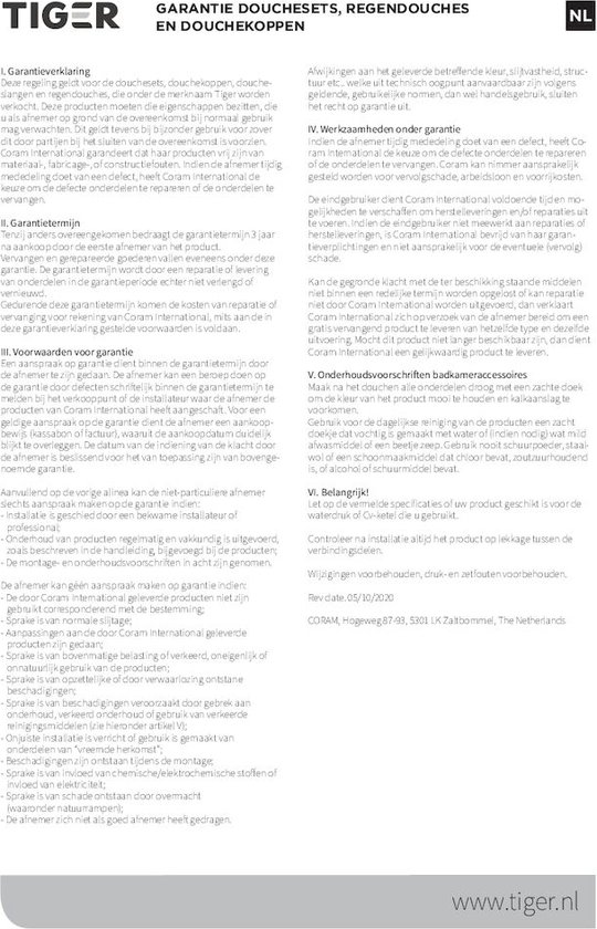 Document met garantievoorwaarden van Tiger douchesets, regendouches en douchekoppen.
