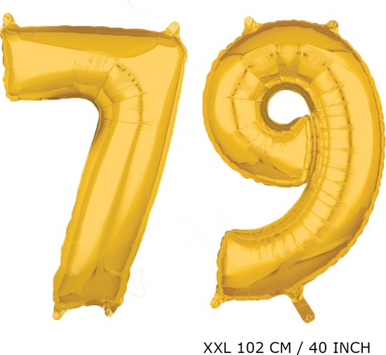 Mega grote XXL gouden folie ballon cijfer 79 jaar. Leeftijd verjaardag 79 jaar. 102 cm 40 inch. Met rietje om ballonnen mee op te blazen.