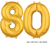 Mega grote XXL gouden folie ballon cijfer 80 jaar. Leeftijd verjaardag 80 jaar. 102 cm 40 inch. Met rietje om ballonnen mee op te blazen.