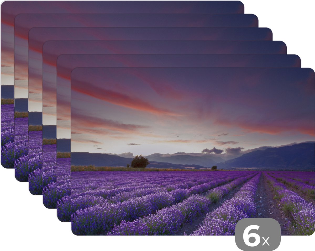 Placemat - Placemats kunststof - Zonsondergang boven lavendels - 45x30 cm - 6 stuks - Hittebestendig - Anti-Slip - Onderlegger - Afneembaar