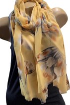 Dames sjaal bloemenprint met gouden glans 180/75cm geel