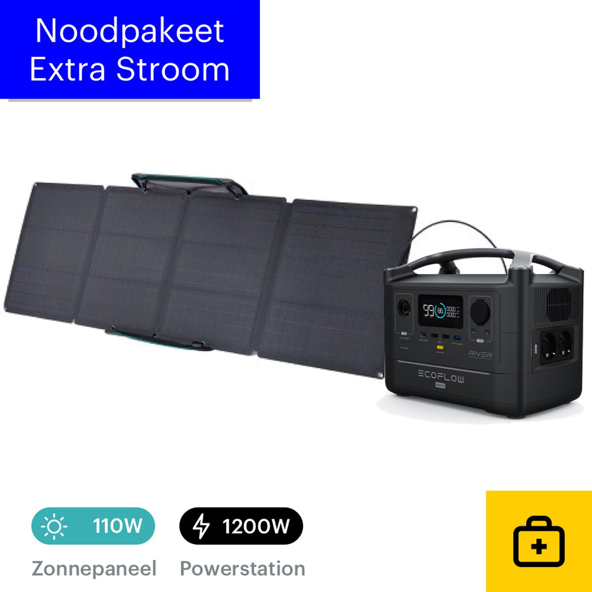 Elektrische Accu Noodpakket - EcoFlow River Max Powerstation met zonnepaneel - 110W Solar Panel - Prepper & Survival kit - Noodstroomvoeding - Outdoor Off-Grid overleven