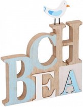 decoratie tekst Beach 23 cm hout blank/lichtblauw