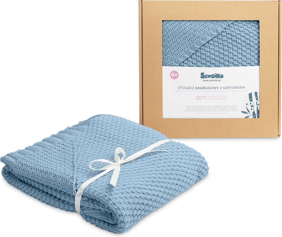 Gebreide Baby Deken - Swaddle deken met capuchon - 100% Bamboe - Cadeau - Blauw