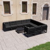 11-delige Loungeset met kussens massief grenenhout zwart