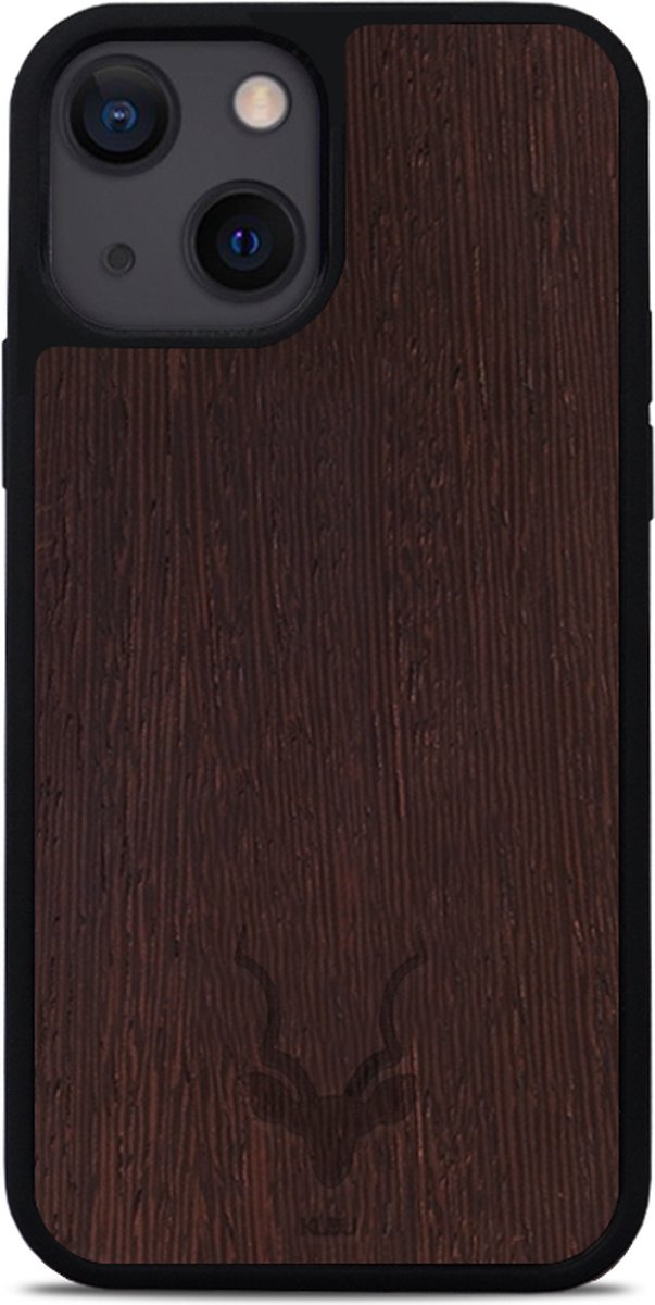 Kudu iPhone 13 MINI hoesje case - Houten backcover - Geschikt voor opladen met magnetische ring - Handgemaakt en afgewerkt met duurzaam TPU - Wengé - Zwart