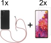 Samsung S22 Hoesje - Samsung Galaxy S22 hoesje transparant met rosé koord shock proof case - 2x Samsung S22 screenprotector