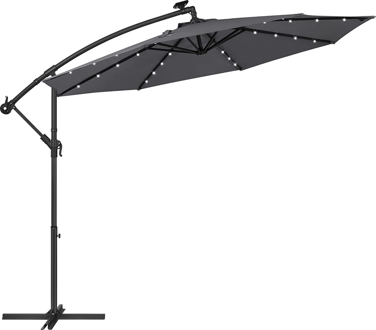 Grijze tuinparasol met verkeerslichtpatroon, 32 LED-lampjes, Ø 3 m, standaard, UV-bescherming UPF 50+, zwengel - ZAZA Home