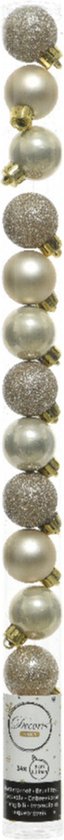 Decoris - Kerstversiering - Kerstballen - 14 stuks - Kunststof - champagne 3 cm - glans/mat/glitter