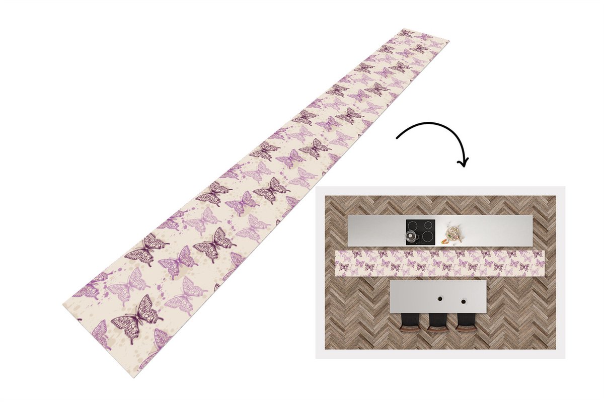 KitchenYeah Keukenloper - Keukenmat - Dieren - Patronen - Paars - Vlinder - 400x50 cm - Keuken vloerkleed Multicolor