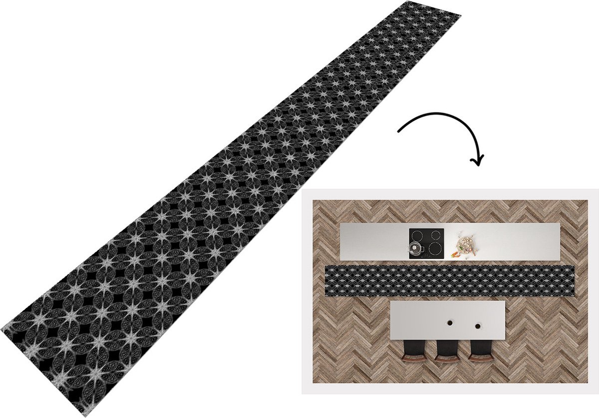 KitchenYeah Keukenloper - Keukenmat - Kompas - Patronen - Zwart Wit - 480x60 cm - Keuken vloerkleed Zwart; Wit