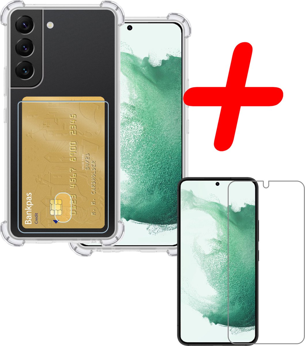Hoesje Geschikt voor Samsung Galaxy S22 - Met Screenprotector - En Pashouder - En Kaarthouder - Telefoon Hoes Shockproof - Siliconen Case - Back Cover - Shock Proof - Pasjes Houder - Transparant