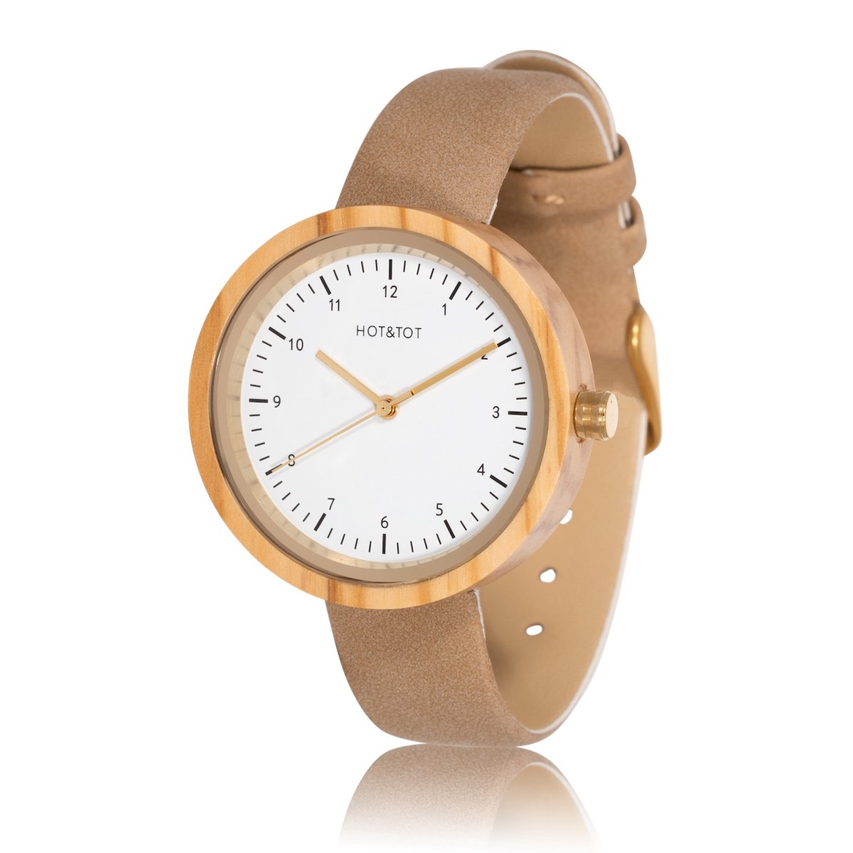 HOTTOT | Mia - Houten horloge voor dames - Vegan leer - 36mm - Olijfhout - Goud