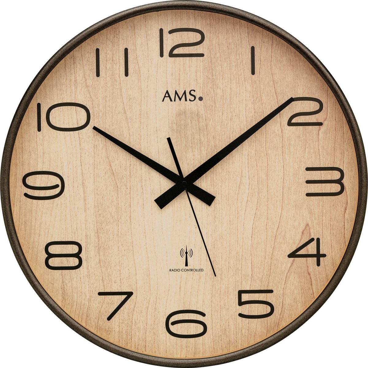 AMS F5523 - Wandklok - Analoog - Hout - Radiogestuurde tijdsaanduiding - Mineraal Glas - Antraciet gelakt - Zwart - Beige - 40 cm ø