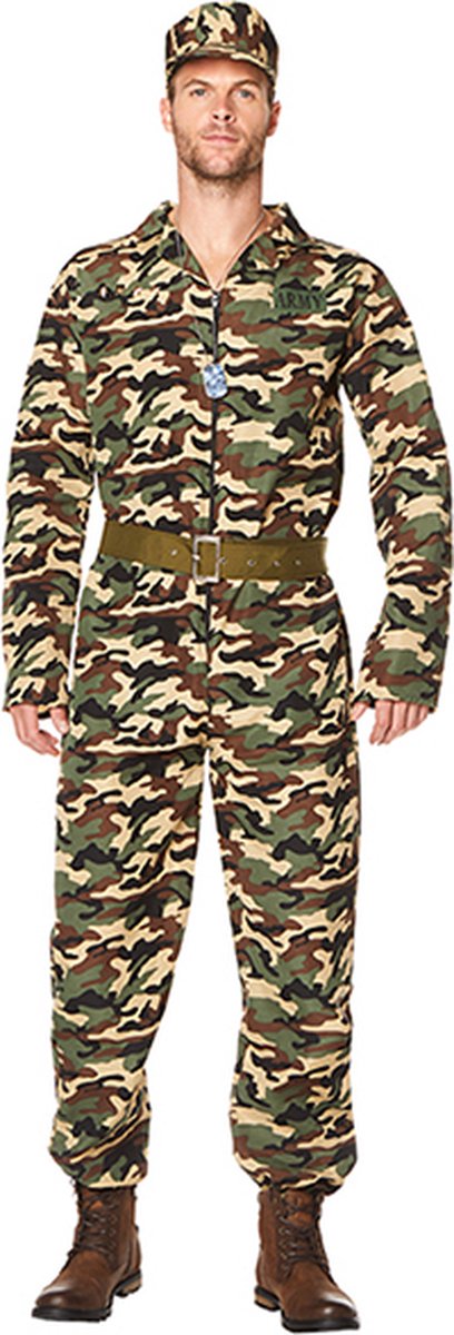 Karnival Costumes Verkleedkleding Leger kostuum voor mannen Camouflage Carnavalskleding Heren Carnaval - Polyester - Maat S - 3-Delig Jumpsuit/Riem/Hoed