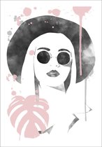 Poster Tek. Vrouw Roze Blad No.3