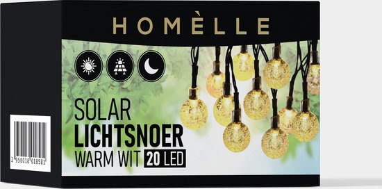 Homèlle Solar lichtsnoer - 20 LED - 3 + 2 meter - Warm-wit - ø2cm - Tuinverlichting op zonne-energie - Kerstverlichting - Buitenverlichting - Lichtslinger - Lampjes slinger - Cristal - Homèlle