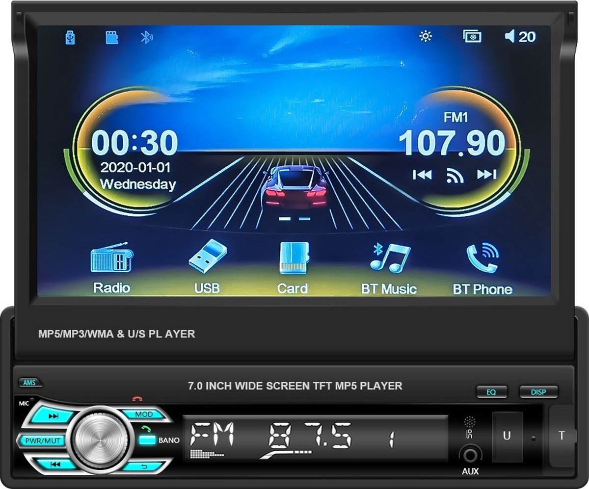 TechU™ Autoradio met klapscherm AT54 – 1 Din – 7” Touchscreen Monitor – Uitschuifbare Display – Bluetooth – Android & iOS – Handsfree bellen – FM radio – USB – Ingang voor achteruitrijcamera – Incl. Stuurwielbediening + Afstandsbediening
