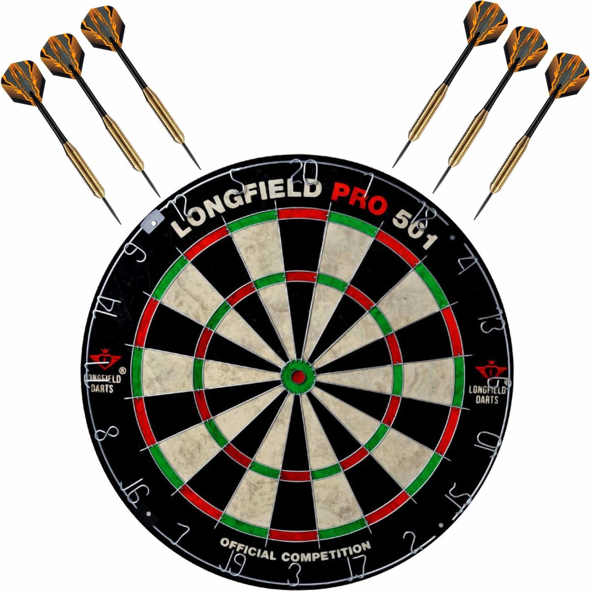 Dartbord set compleet van diameter 45.5 cm met 6x Club Brass dartpijlen van 22 gram - Professioneel darten pakket