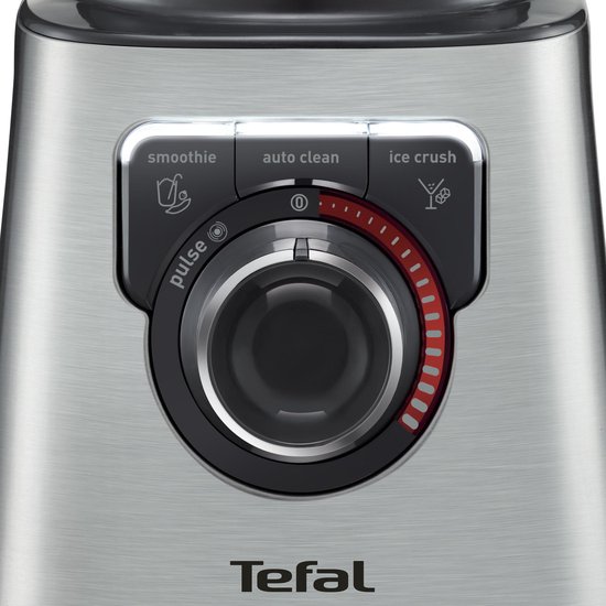 Detailopname van het bedieningspaneel van de Tefal Perfectmix+ blender in RVS.
