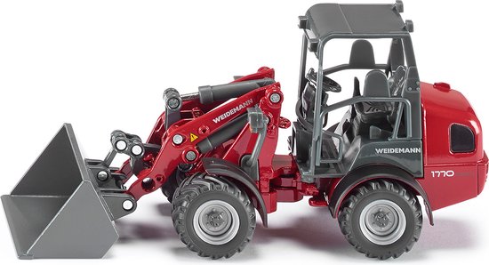 Rode Weidemann 1770 Hoftrac wiellader met grijze cabine en laadbak.