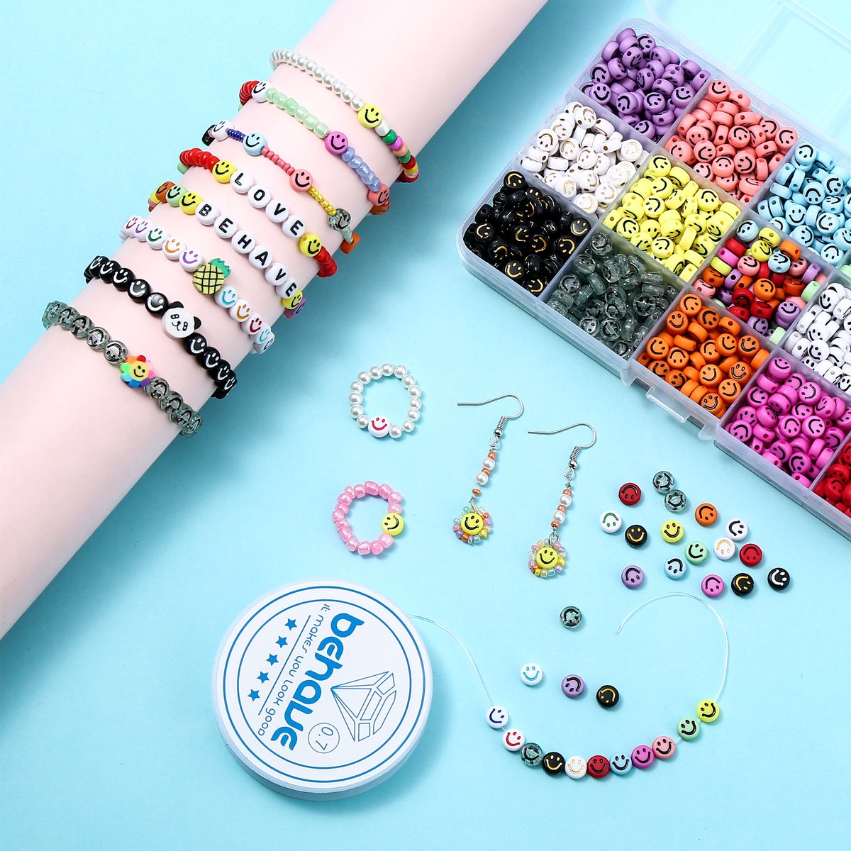 Behave Smiley Kralen Set - Emoji Kralen - DIY Sieraden maken - Rijgdraad - 15 Kleuren - 7x4mm - 80 Kralen per Kleur - Totaal 1200 Stuks — afbeelding 4