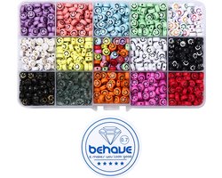 Behave Smiley Kralen Set - Emoji Kralen - DIY Sieraden maken - Rijgdraad - 15 Kleuren - 7x4mm - 80 Kralen per Kleur - Totaal 1200 Stuks