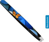 BeautyTools Epileerpincet PRECISION - Pincet met Schuine Bek Voor Wenkbrauwen - Blue Butterfly - Tweezers (9.5 cm) - Inox (BT-1871)