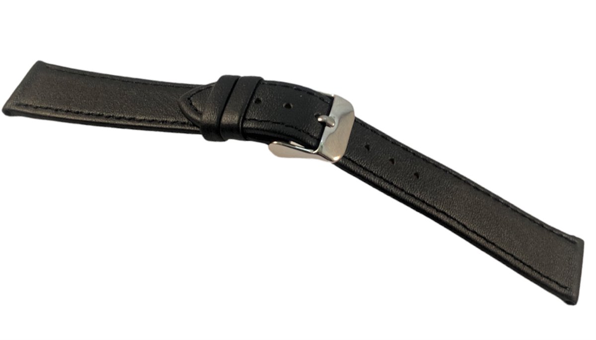 Horlogeband-horlogebandje-20mm-echt leer-zwart-zacht-plat-stalen gesp-20 mm